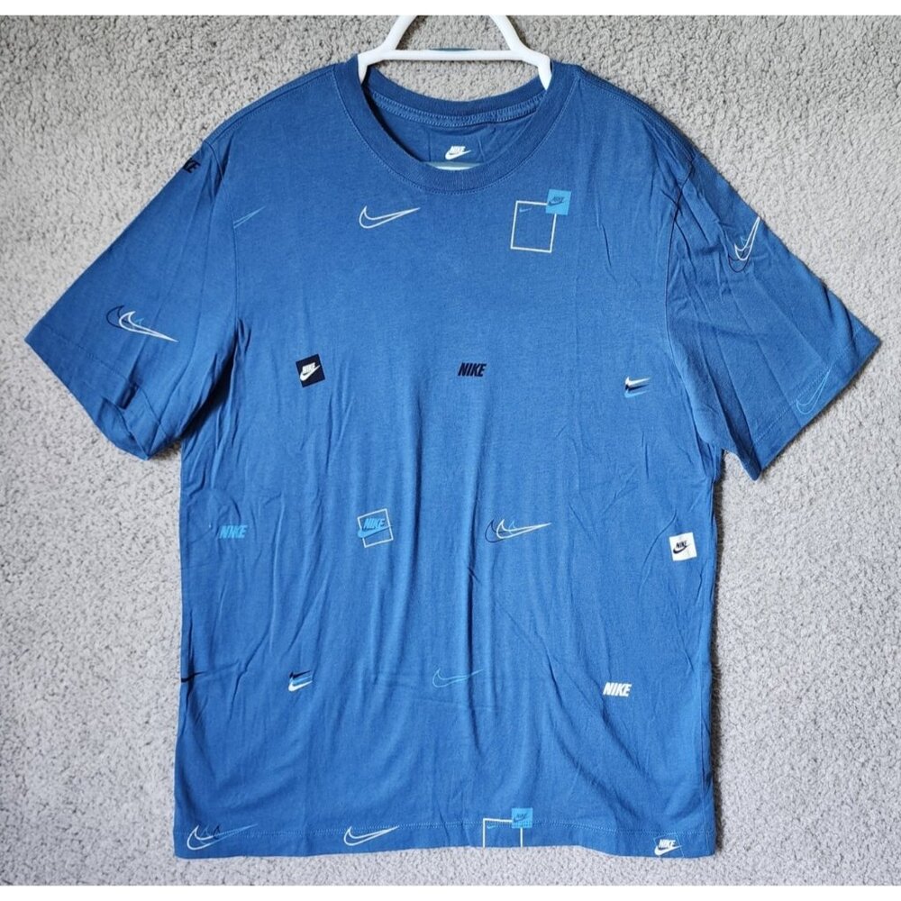 The Nike‎ Tee Blue All Over Print Swoosh Logo T Shirt Size Large 100% Cotton